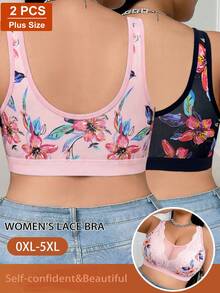 2pcs/Set Casual Comfortable Minimalist Plus Size Women's Bra, Printed Design With Lace Patchwork, Wireless Soft Comfortable Lingerie - Multicolor - View 2