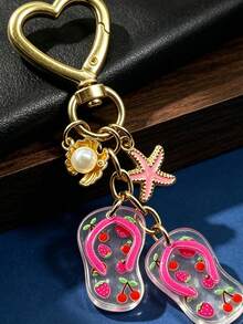 Heart‑Shaped Clasp Keychain, Summer Beach Enamel Charms Bag Charm, Pearl Shell Starfish Flip‑Flop Pendants Gold‑Toned Stylish Durable Decorative Gift - Multicolor - View 4