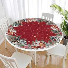 Christmas Red Round Fitted Tablecloth With Elastic Christmas Tree Snowflake Design Washable Winter Tablecloth For Kitchen Dining Party Picnic - Multicolor - View 8