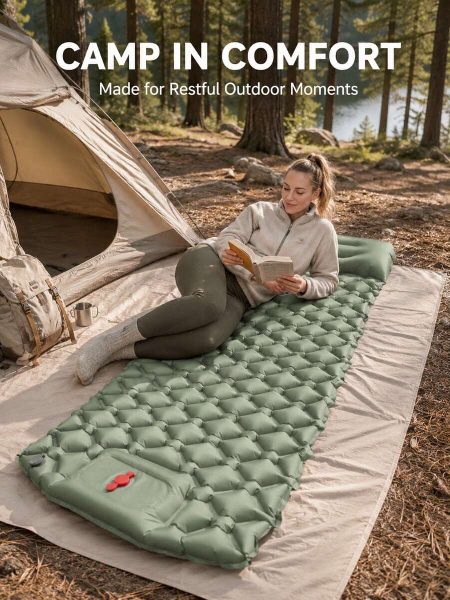Single Person Camping Inflatable Sleeping Pad With Pillow, Built-In Foot Pump, 40D Nylon TPU Material, Suitable For Tent, Backpacking, Napping, Inflatable Mattress, Camping Essentials, Outdoor Inflatable Camping Bed