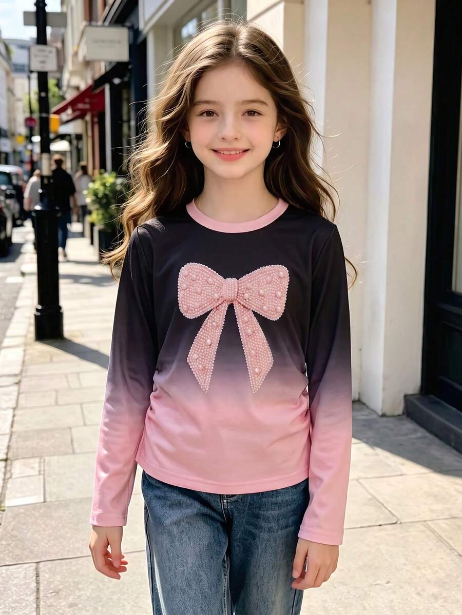 Girls' Casual Fashion Sweet Style Cinched Waist Bow Round Neck Gradient Long Sleeve Top, Spring/Autumn - Pink - View 1