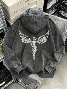 Eye-Catching Sweatshirt With A Dark, Atmospheric Vibe, Featuring A Central Longsword Design Entwined With Floral Motifs And Wing-Like Line Patterns. - Black - View 5