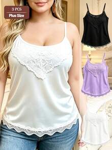 3pcs Plus Size Women Loose Lace Trim Adjustable Strap Sleeveless Camisole Tank Tops, Summer Innerwear & Outerwear - Multicolor - View 1