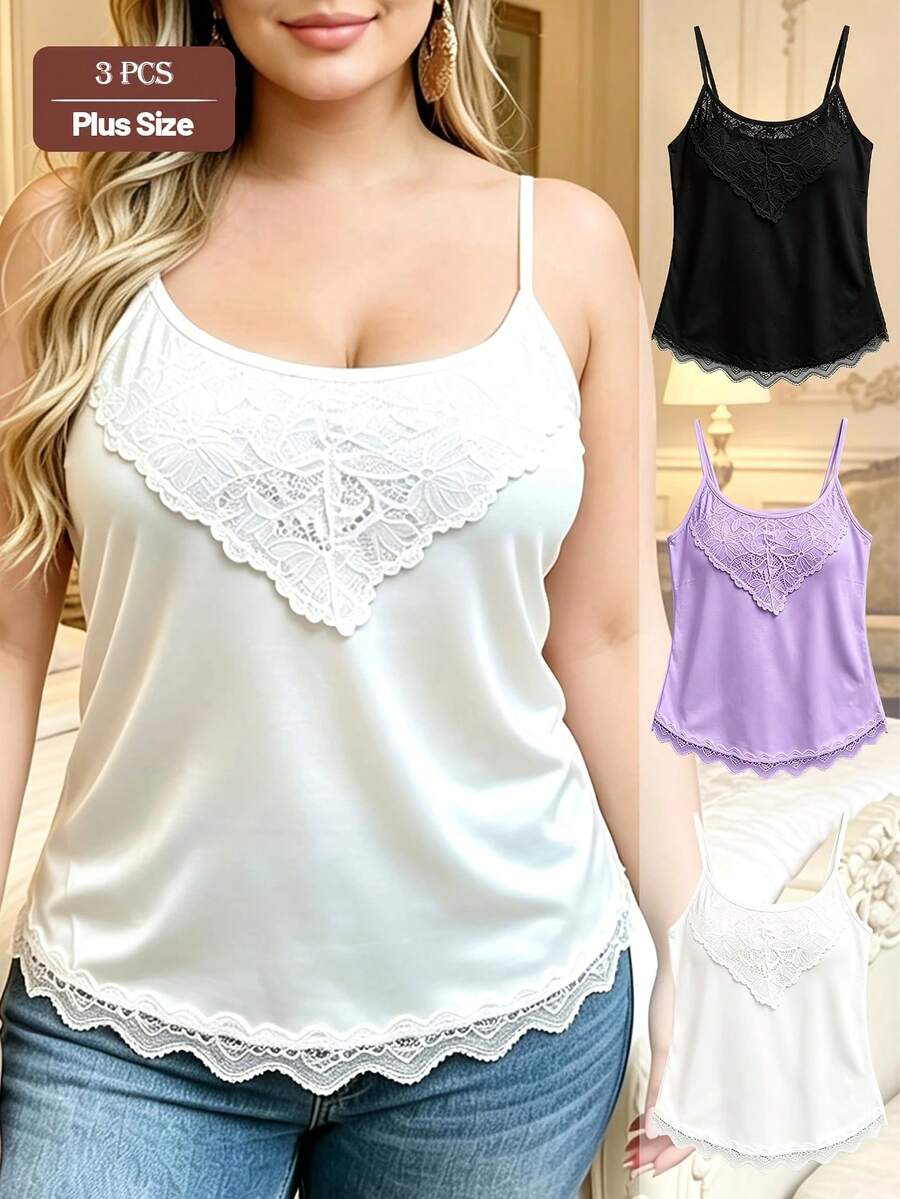 3pcs Plus Size Women Loose Lace Trim Adjustable Strap Sleeveless Camisole Tank Tops, Summer Innerwear & Outerwear - Multicolor - View 1