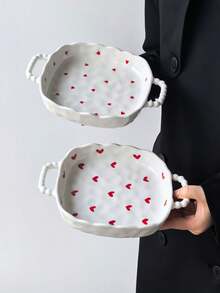 1pc Ins Style Hand-Painted Heart Asymmetrical Pearl Handle Ceramic Double Handle Plate, Minimalist Large Capacity Double Handle Baking Dish, Jewelry Tray, Cake Plate, Salad Bowl, Fruit Plate, Family Gathering Large Capacity Dish, Housewarming Gift - Multicolor - View 4