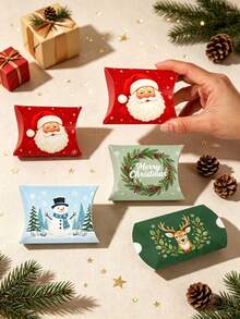 12Pcs Christmas Pillow Paper Gift Boxes Xmas Candy Cookie Treat Box Santa Snowman Reindeer Pattern Holiday Party Favor Packaging - View 8