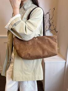 Dedoo 女款秋冬通勤托特包，PU手柄附壓扣，大容量，復古Y2K風格，帆布與麂皮材質 - 棕色 - 查看 5