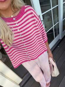 Vivid Style Summer/Autumn Basic Blue & Yellow Striped Button-Up Cardigan, Preppy Short Five-Sleeve Knit Top, Back To School Outfit Inspiration - Hot Pink - View 2