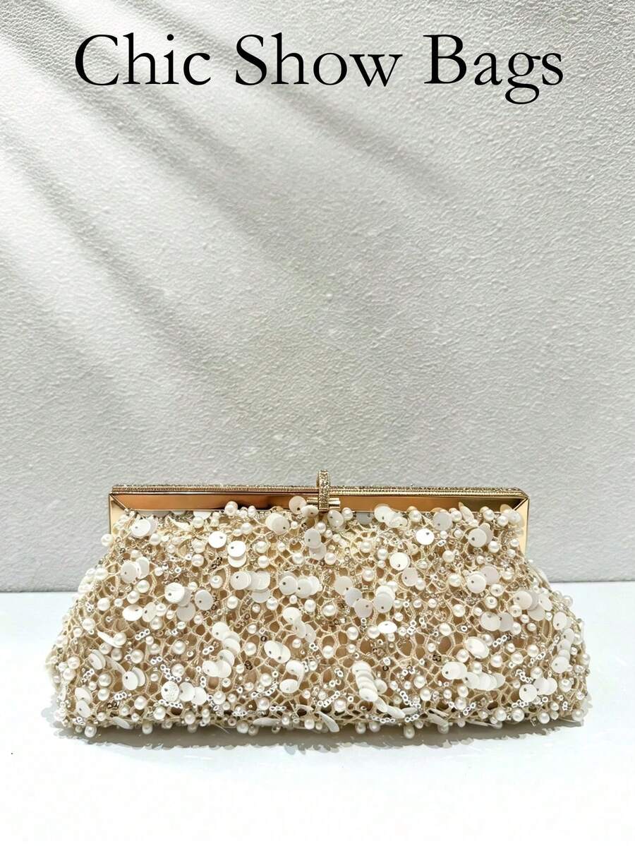 Women Evening Clutch Bag, Rectangular Hard Frame Purse, Sequin Pearl Mesh Pattern, Elegant Bridal Handbag For Wedding Prom Formal Party - Gold - View 1