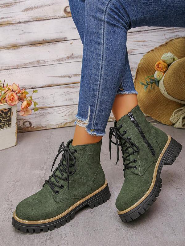 Women's Autumn/Winter Military Green Fabric Ankle Boots With Front Lace-Up + Side Zipper Design, Thick Sole Chunky Heel, Fashion Outdoor Daily Boots, Solid Color Western Style Sporty Outdoor Fabric Metal Eyelet Lace-Up Side Zipper Mid-Calf Boots