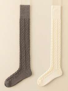 1/2 Pairs Women's Over-The-Knee Socks With Cable Knit Embossed Pattern Design, Wool Blend Thigh-High Socks, Fashionable Versatile High Socks For Autumn/Winter Daily Wear - Multicolor - View 12