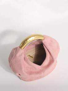 1pc Lotus Pink Textured Velvet Ruffled Design Vintage Metal Hardware Handbag, Exquisite Fashion Zipper Bucket Bag Suitable For Commuting And Shopping - Dusty Pink - View 7