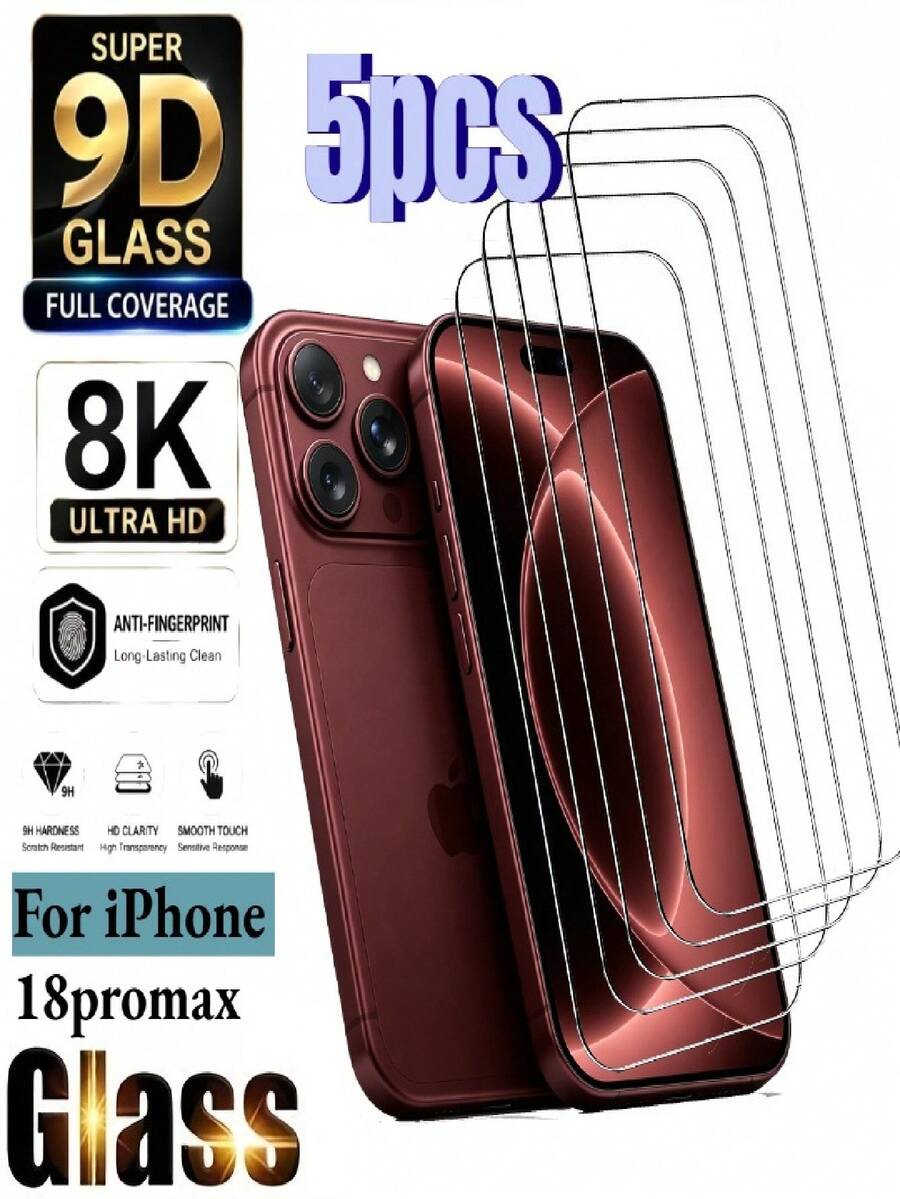5 Packs 8K Ultra HD Tempered Glass Screen Protection Compatible With IPhone 18 Pro Max/18 Pro/17 Air/16 Pro Max/16e/17/16/15/14/13/12/11/Plus/Mini/XS Max/X/XS/XR/7/8/SE Dynamic Island Compatible 9H Hardness Upgrade Edge Protection - Clear - View 1