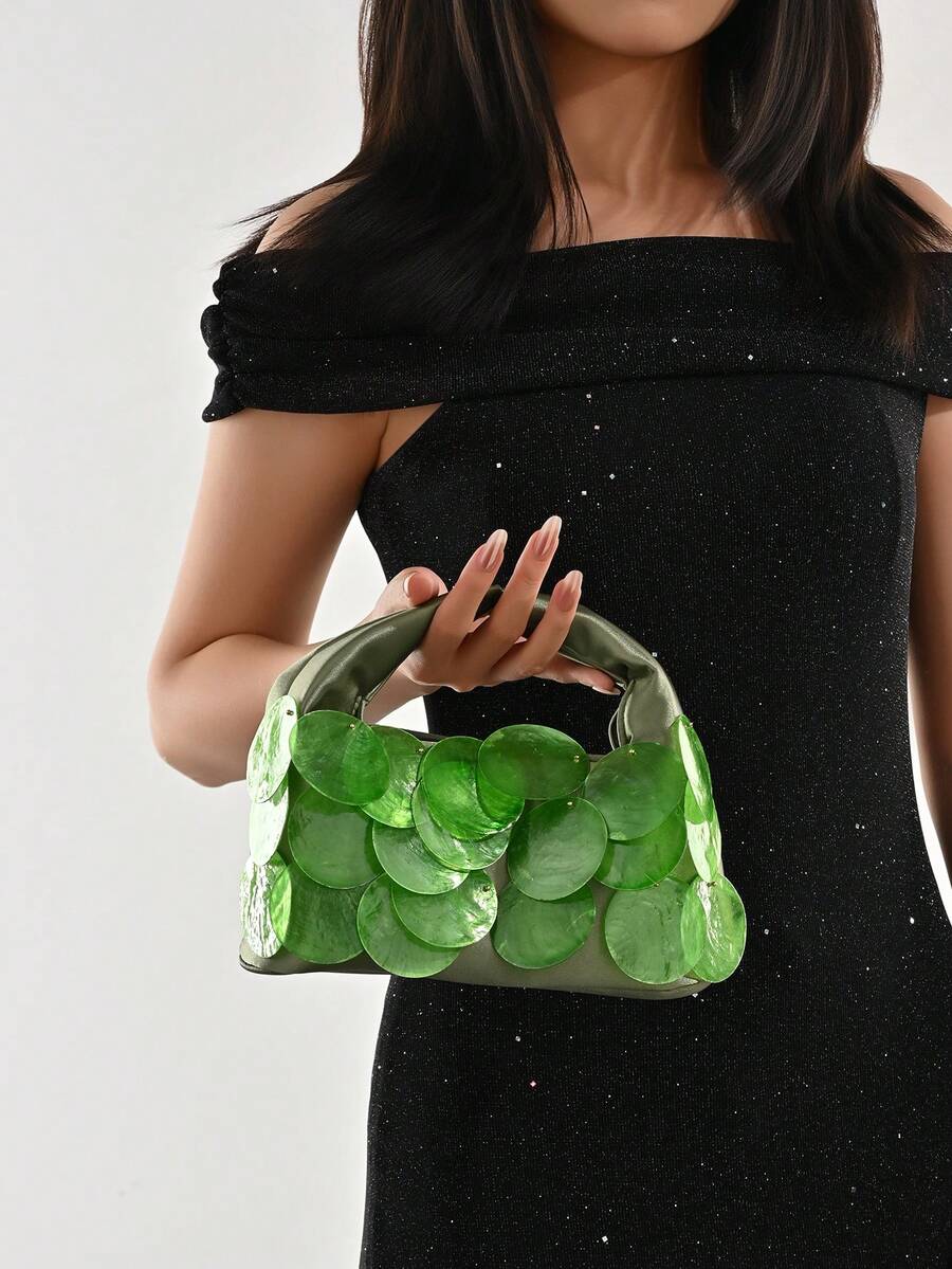 Fashionable Y2K Style Seashell Disc Decorated Evening Clutch Bag, Suitable For Parties, Weddings, Cocktail Parties, And Formal Occasions. - Olive Green - View 1