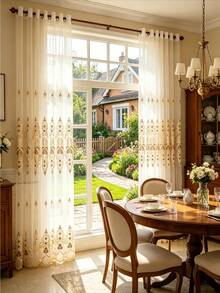 1PC Grommet Top European Palace Style Embroidered Sheer Curtain, Elegant Vintage Floral Pattern Embroidered Sheer Curtain, Luxury Villa Living Room Bedroom Beige Floor-Length Sheer Curtain - Beige - View 9