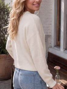 Women's Drop Shoulder Long Sleeve Single Breasted Casual White V-Neck Cardigan - White - View 5