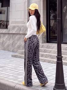 Women's Gold Velvet Loose Straight Leg Pants With Side Woven Tape Leopard Print Long Pants For Daily Casual Commute Running Workout Dating Work With Pockets Contrast Color - Black - View 7
