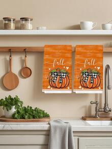 2Pcs Orange Wood Grain Fall Kitchen Towel Set, Buffalo Check Bow Pumpkin Heart Farmhouse Fall Thanksgiving Dish Hand Towels - Orange - View 4