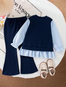 Girls' Casual Fashion Solid Color Striped Patchwork 3D Flower Embroidered Long Sleeve Top And Flared Pants 2-Piece Set For Spring And Autumn - Navy Blue - View 2