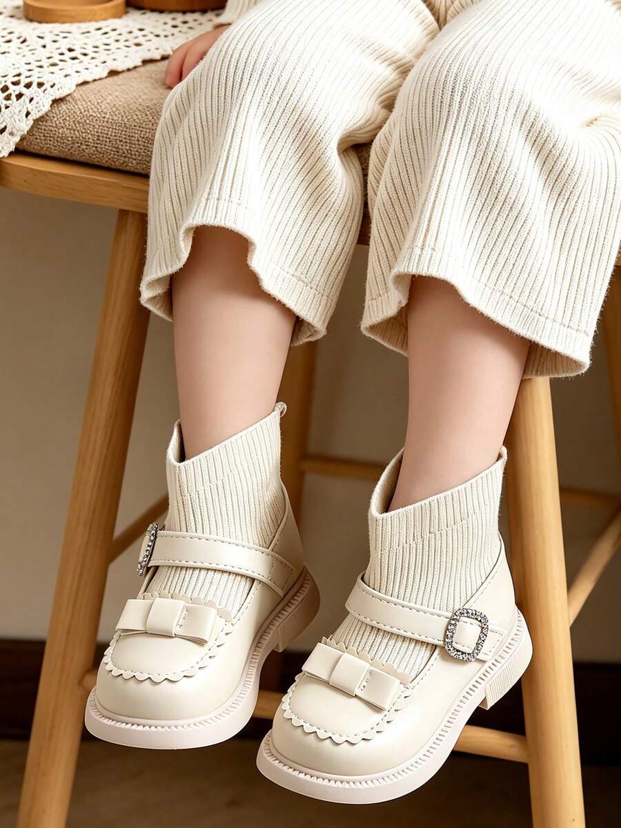 1 Pair Kids Sweet Bow Rhinestone Buckle Knit Patchwork Sock Boots Round ...