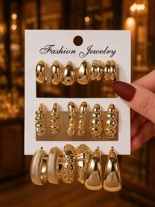 12/18 Pairs Multiple Gold Tone Textured Hoop Earring Set, Vintage Geometric Statement Metal Earrings, Versatile Daily Party Jewelry Gift For Women - Yellow Gold - View 4