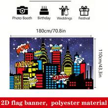 2D Flat 1pc Superhero City Backdrop Boy Birthday Banner Urban Night Sky Glitter Starry Prosperous City Building Background Explosion Skyscraper Portrait Photo Studio Props - 1 - View 7