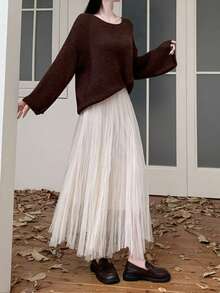 Women's Elegant Knit Double Layer Mesh Flared Maxi Skirt, Pleated Design, Slightly Stretchy, Suitable For Autumn/Winter - Apricot - View 3
