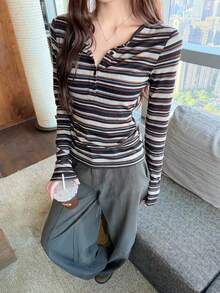 Women's Vintage Striped Fitted Slimming T-Shirt - Brown - View 1