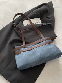 1pc Blue Large Capacity Contrast Color PU Tote Bag Women's Shoulder Bag - Blue - View 5