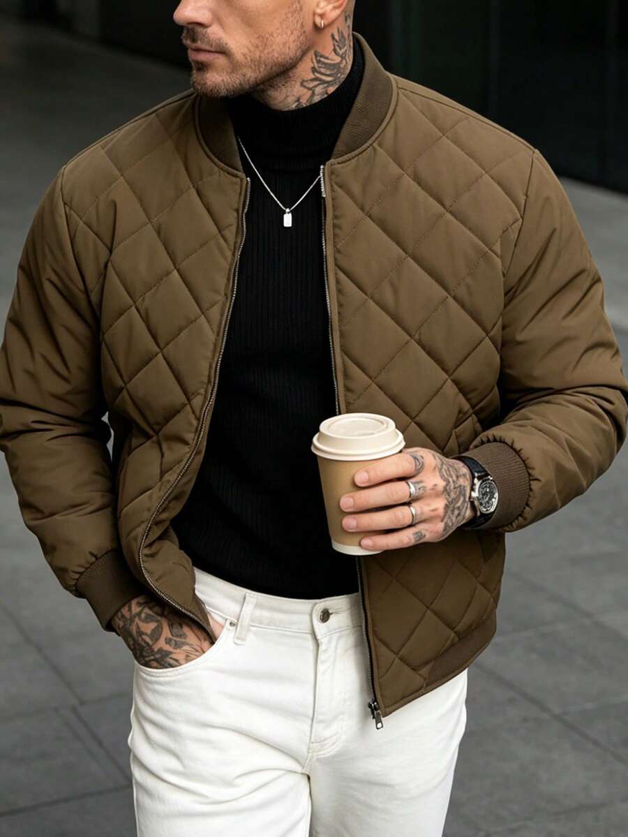 Men's Winter Fashion Casual Commute Quilted Baseball Collar Padded Coat, Suitable For Holiday Vacation, Boyfriend Husband Gift - Brown - View 1