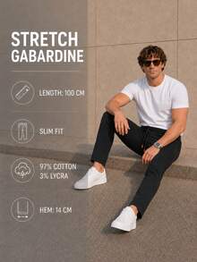 Men Stretch Gabardine Slim Fit Pants – 97% Cotton 3% Lycra, Elastic Waist Drawstring Casual Trousers - Black - View 4