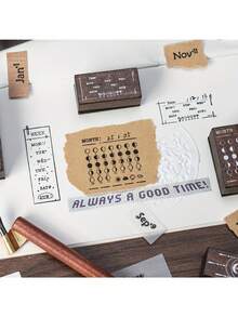 Wooden Moon Phase Calendar Stamp Adjustable Perpetual Calendar Planner Date Week Month Stamp Creative Starry Sky Diary DIY Tool Set Gift Stationery - Multicolor - View 4