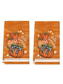 2件組橘色木紋 Hello Pumpkin 廚房抹布套組，多圖案南瓜、水牛格紋、蝴蝶結、愛心農舍風秋季感恩節餐巾手巾 - 橘色 - 查看 6