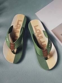 Men's Colorblock Geometric Pattern Sole, Multi-Layer Trim Flat Design, Lightweight Soft Versatile Casual Beach Flip Flops For Home, Walking, Beach And Vacation - Army Green - View 1