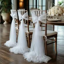 10pcs Elegant White Chiffon Chair Sash Set (Only Mesh, No Floral Accessories), Suitable For Wedding Aisle Chair Back Decoration, Church Chiffon Banquet Ceremony Reception Chair Set, Photography Props, Birthday Party And Home Decor - White - View 1