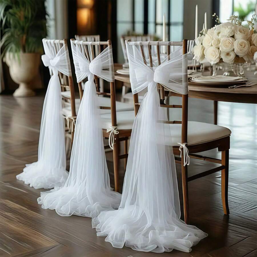 10pcs Elegant White Chiffon Chair Sash Set (Only Mesh, No Floral Accessories), Suitable For Wedding Aisle Chair Back Decoration, Church Chiffon Banquet Ceremony Reception Chair Set, Photography Props, Birthday Party And Home Decor - White - View 1