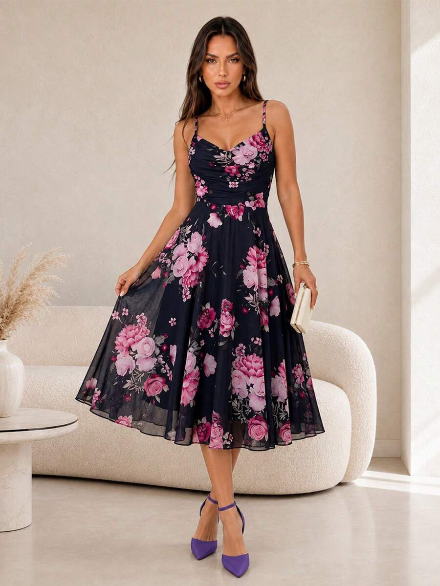 ChicMe Women's Vintage Print Mesh Dress, Cowl Neck Adjustable Spaghetti Straps, Ruched Back Zipper A-Line Skirt, Bohemian Style Party & Vacation Outfit - Lilac Purple - View 1