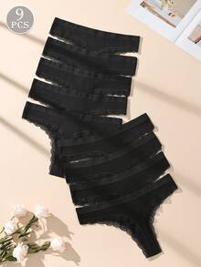 9pcs Black Lace Patchwork Ribbed Cotton Sexy Women's Thong - Black - View 2