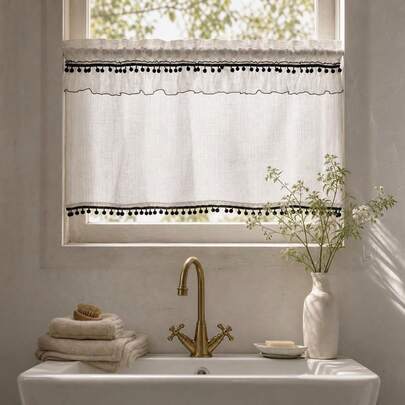 1pc White Faux Linen Short Curtain With Ruffle Edge And Pom Pom Decoration, With Rod Pocket For Sink Cabinet, American Country Pastoral Style Half Curtain, Suitable For Kitchen/Cafe/Bedroom Decor, Back To School, Dorm Decor, College Dorm Decor