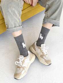3/6 Pairs Women's 3D Flocked Alpaca Mid-Calf Socks, Black White Gray Minimalist Cute Animal Socks, Suitable For Daily Sports Shoes Matching - Multicolor - View 4