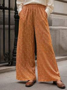 LuminousWealth Women's Bohemian Vacation Style Printed Wide Leg High Waist Casual Long Pants - Orange - View 2