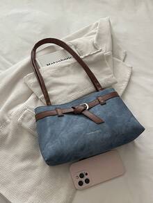1pc Blue Colorblock PU Women's Large Capacity Shoulder Bag With Strap Decoration - Blue - View 4