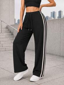 Women's Casual Track Pants With Wide Leg Silhouette Double Side Stripes Elastic Drawstring Waist For Everyday Wear - Black - View 2
