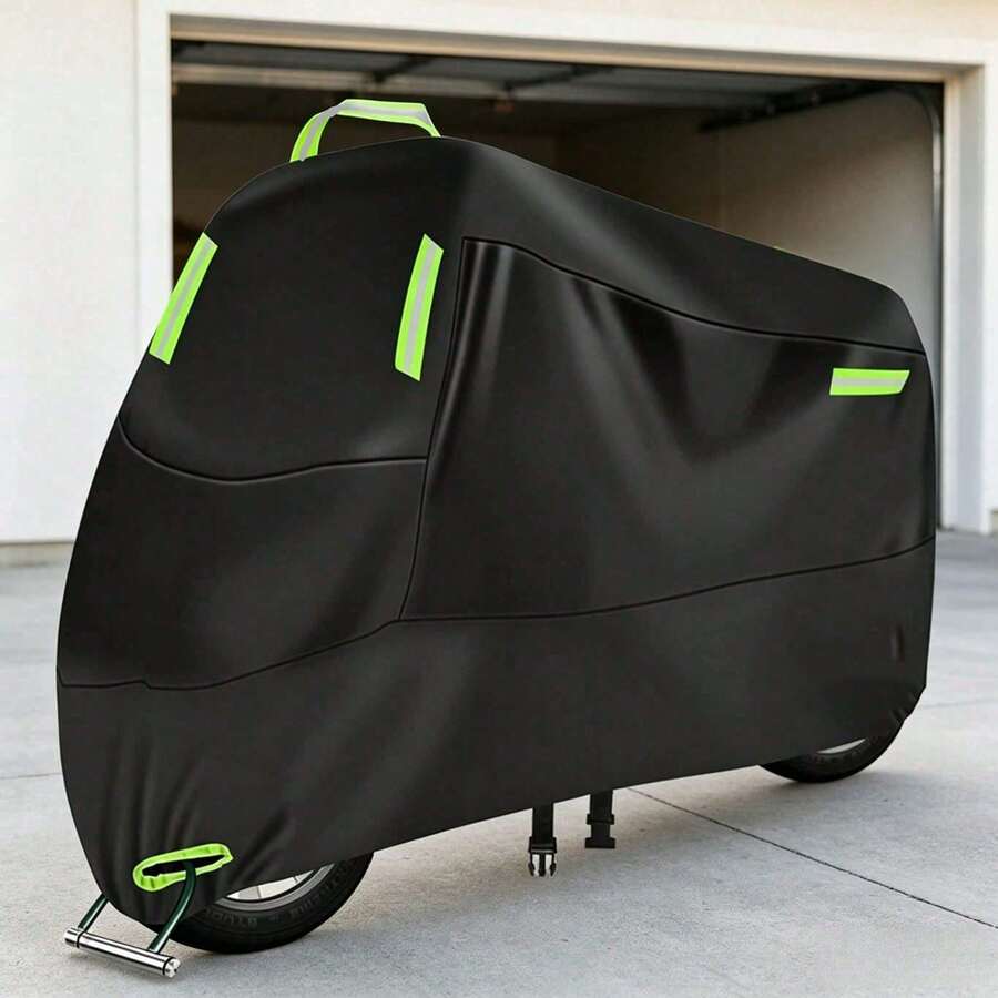 Sarung Motor Berlapis Perak, Tahan Air, Tahan Sinar Matahari, Tahan Hujan, Tahan Debu, Pelindung Luar Ruangan, Cocok Untuk Sepeda Motor, Skuter Listrik, dan Sepeda - Hitam dengan beberapa garis reflektif [hijau] - View 1