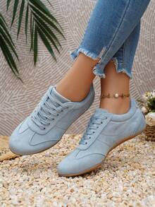 Grey-Blue Faux Suede Lace-Up Sneakers, Women's Soft Flat Casual Retro Training Shoes, Suitable For Daily Walking - Baby Blue - View 3
