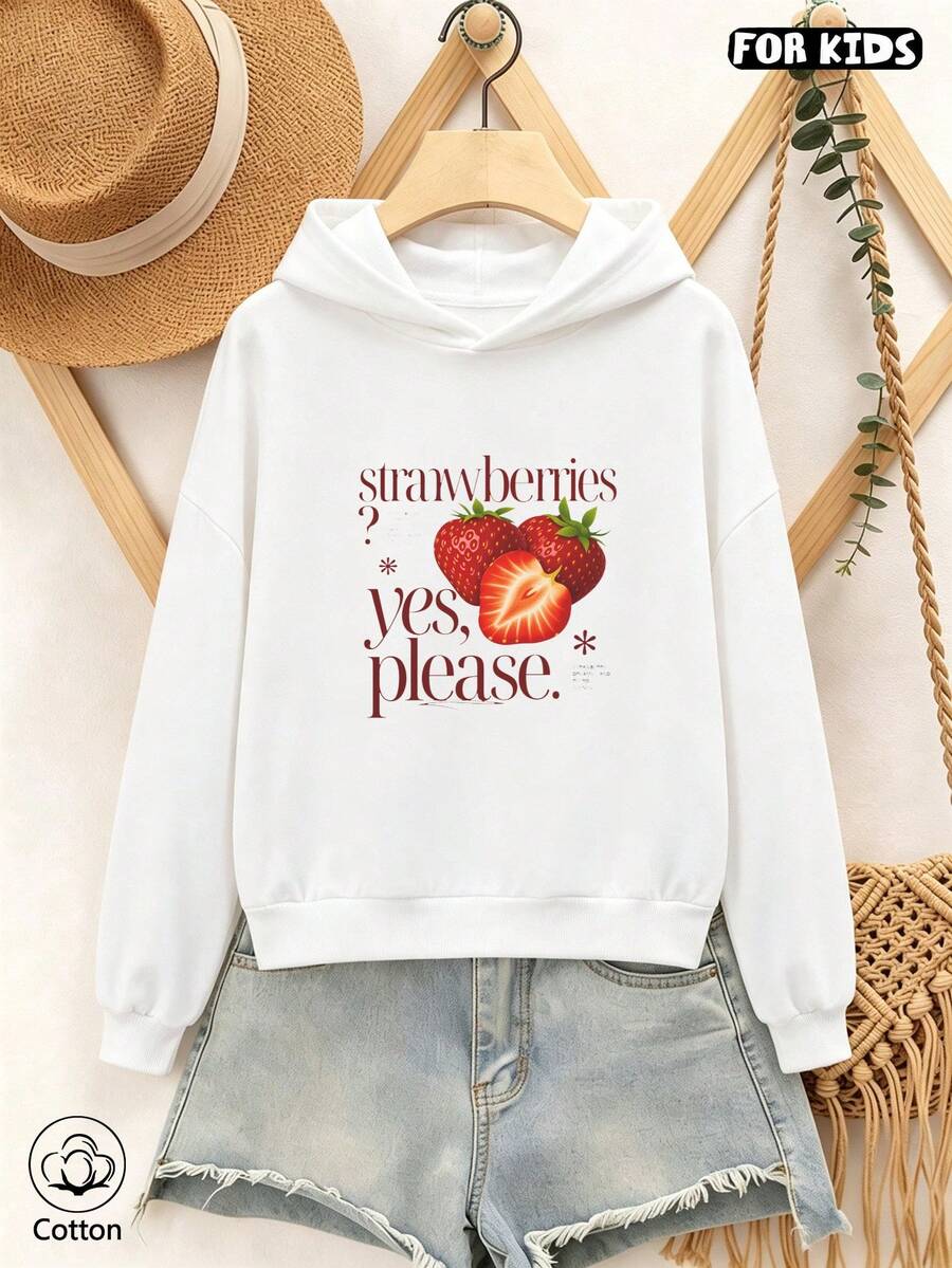 Girls Casual Loose Fit Hoodie With Strawberry Print & Lettering, Soft Breathable Long Sleeve Pullover For Spring Fall Daily Wear Or Outdoor Activities - White - View 1