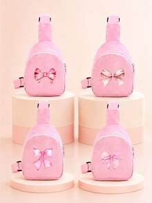 1PC Cute Bow Print Crossbody Bag For Little Girls, Adjustable Shoulder Strap Zipper Storage Chest Bag, Suitable For Toddlers Daily Outings And Casual Use, Can Be Given As A Gift - Deep Pink - View 2