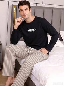 Men's Summer Crew Neck Casual Long Sleeve T-Shirt And Casual Long Pants Loungewear Set - Black - View 3