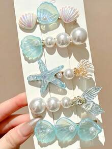 5pcs Women's Blue Starfish Shell Mermaid Tail Side Clips Ocean Vacation Hair Clips Alligator Hair Clips Mermaid Princess Iridescent Pearl Romantic Side Clips Suitable For Daily Use - Blue - View 3