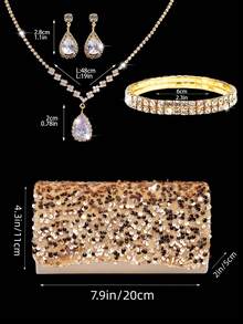Fashion Sequin Patchwork Evening Clutch Bag, Envelope Handbag, Tote Bag, Paired With Rhinestone Jewelry 3 Pieces Set, Necklace, Earrings, Bracelet, Suitable For Parties, Evening Events, Social Gatherings, Balls And Weddings - Gold - View 6